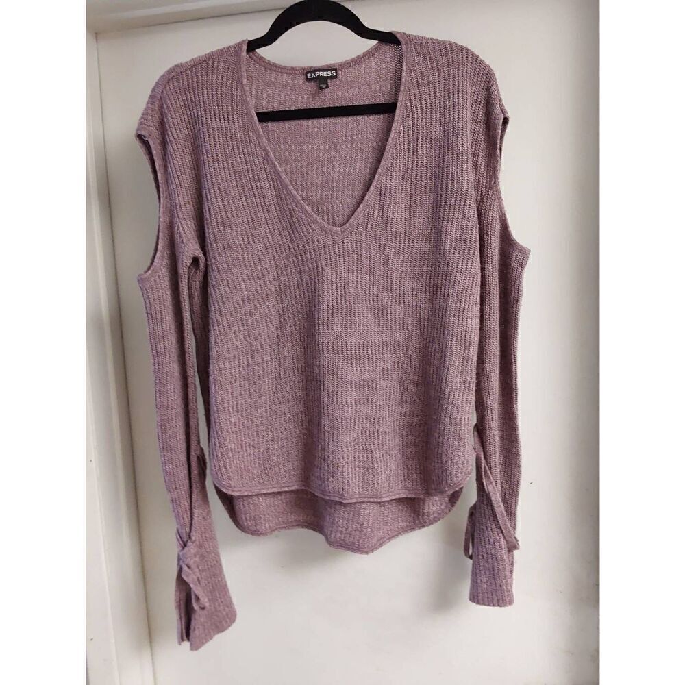 EXPRESS Cold Shoulder Long Tie Sleeves Light Amethyst Color Sweater Sz M~EUC